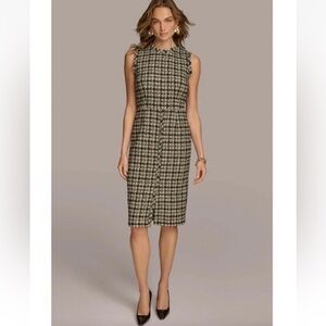 Donna Karan Tweed Dress Knee Length Houndstooth Sleeveless Sheath US 12 NWT